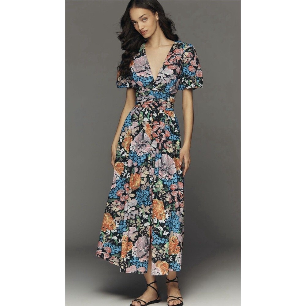 Anthropologie Yukiko Noritake Midi Dress Katherina Resort Preppy Boho Large NWT